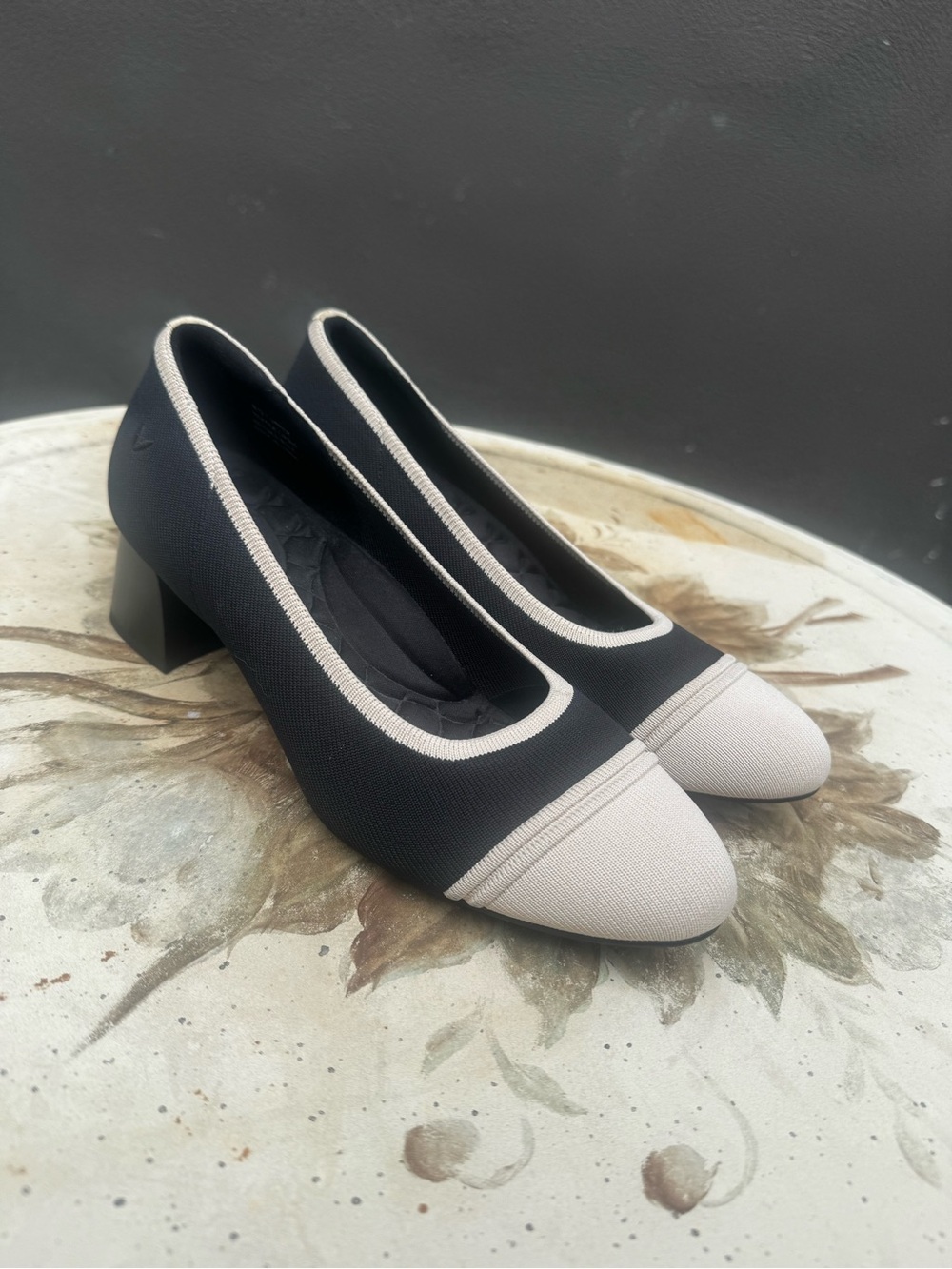 Vivaia Two-Tone Black and Cream Mid Block Heel Pumps - Women's